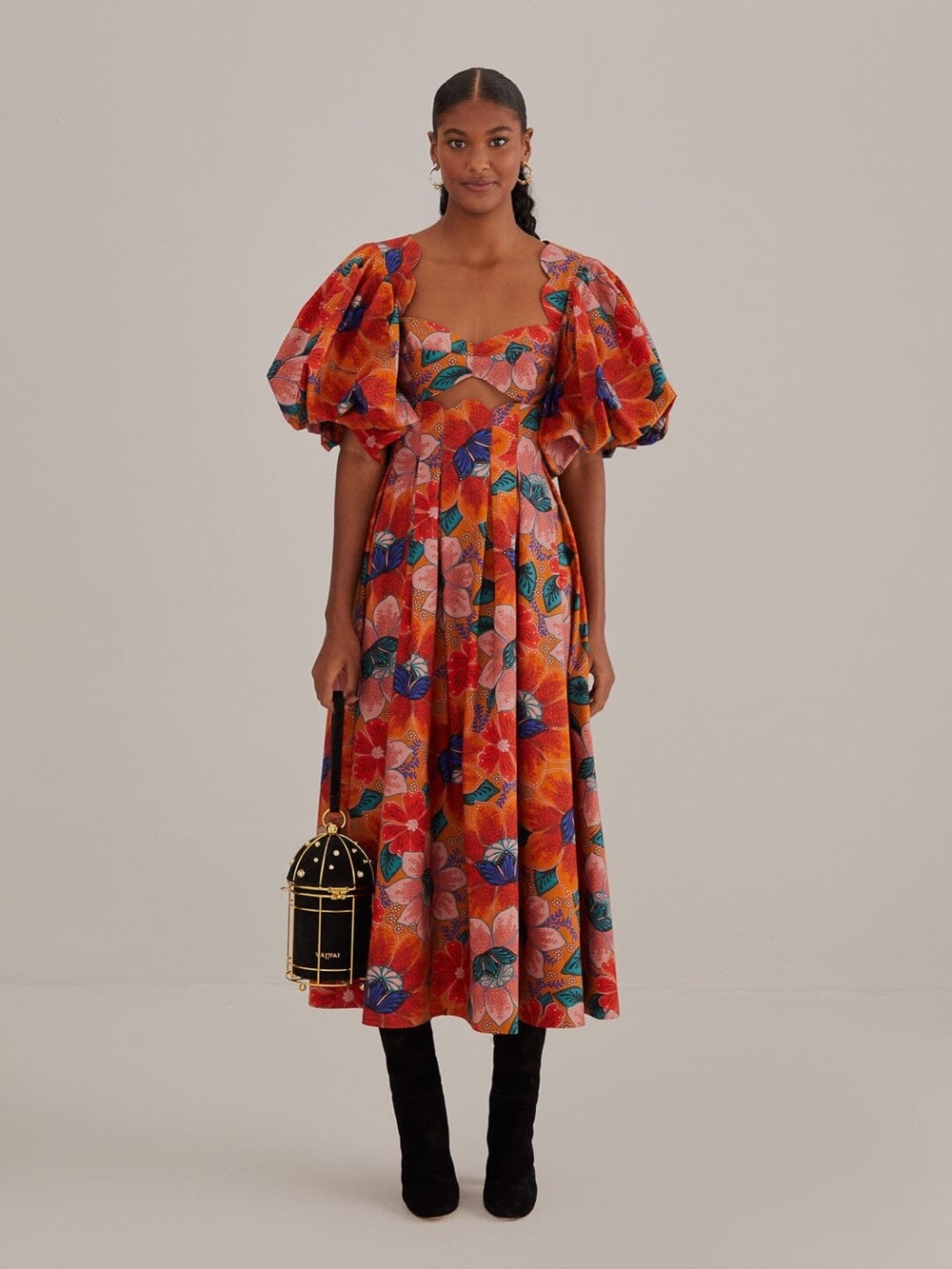 NWT Farm Rio Orange Marias Floral Cut-Out Midi Dress M